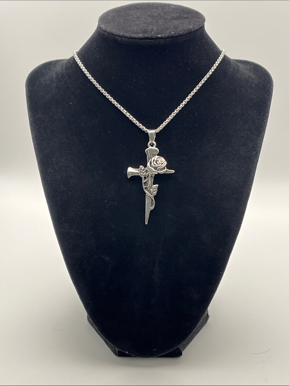 24”, Stainless Steel Cross with Rose Pendant Necklace - Unbranded